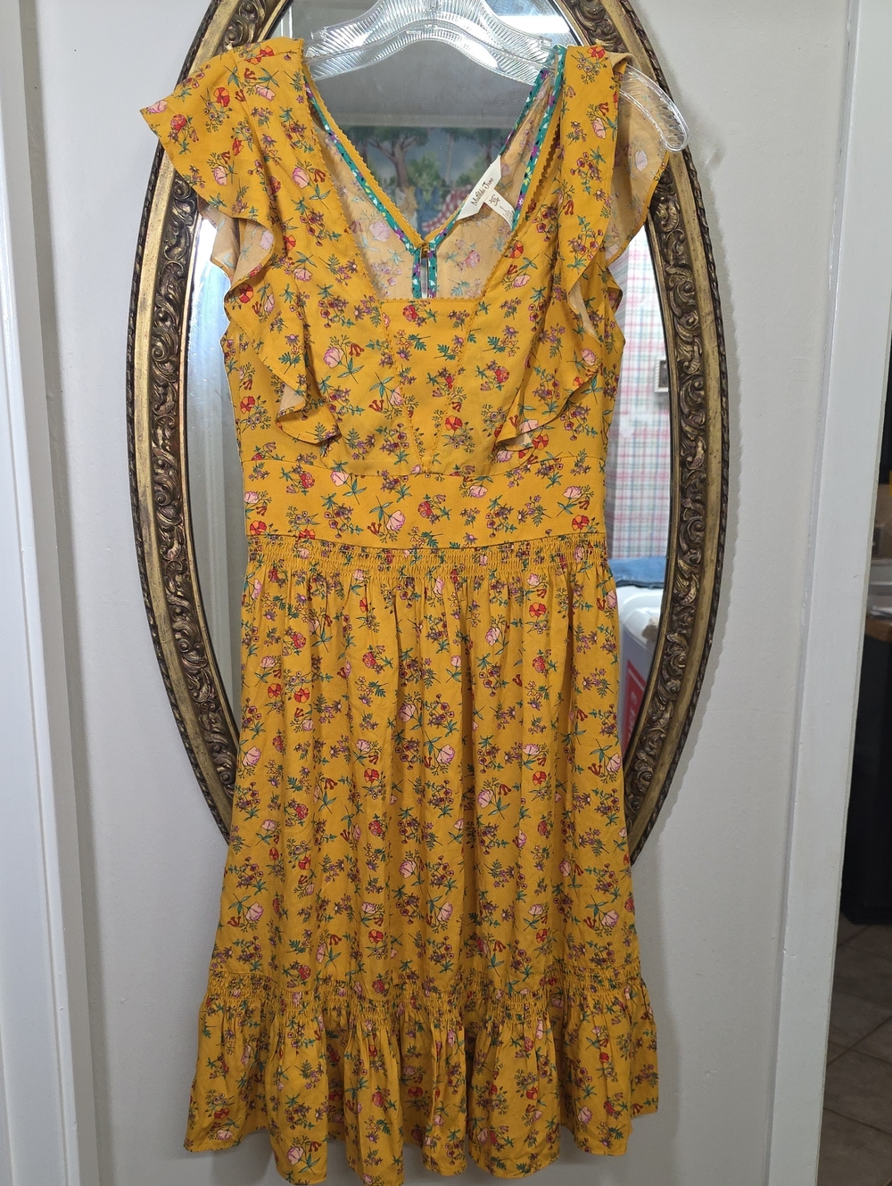 Matilda Jane Yellow Floral Ruffle Dress V Neck Shirred Waist Size XS Rayon
